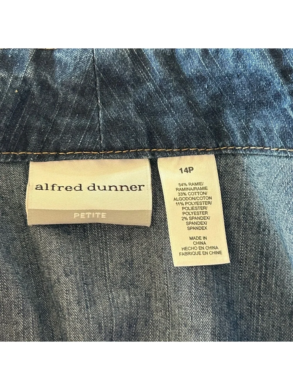 Alfred Dunner Boho Chic Blue Denim Floral Embroidered Open Front Jacket Size 14P